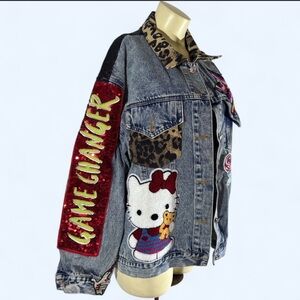 Denim Jacket with Hello Kitty Patch and Leopard Accents